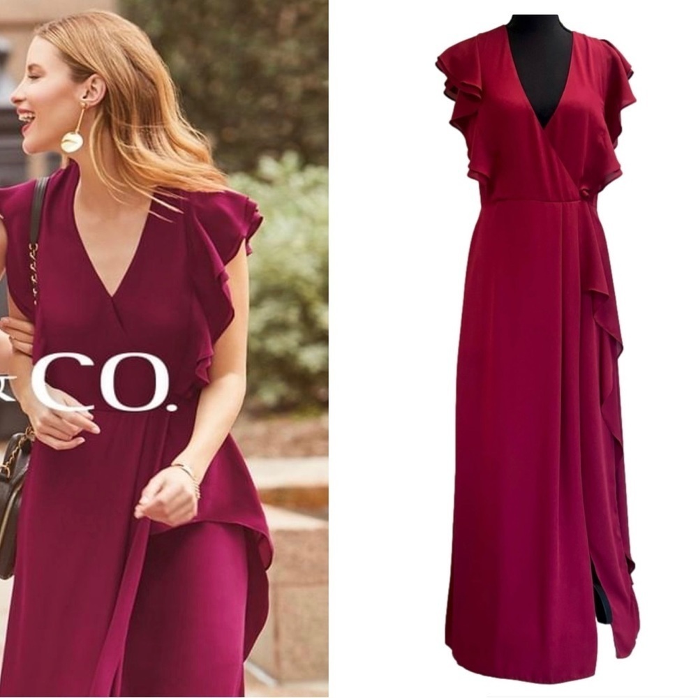 Rw&co raspberry red ruffle frill wrap maxi dress Sz 8 wedding bridesmaid prom